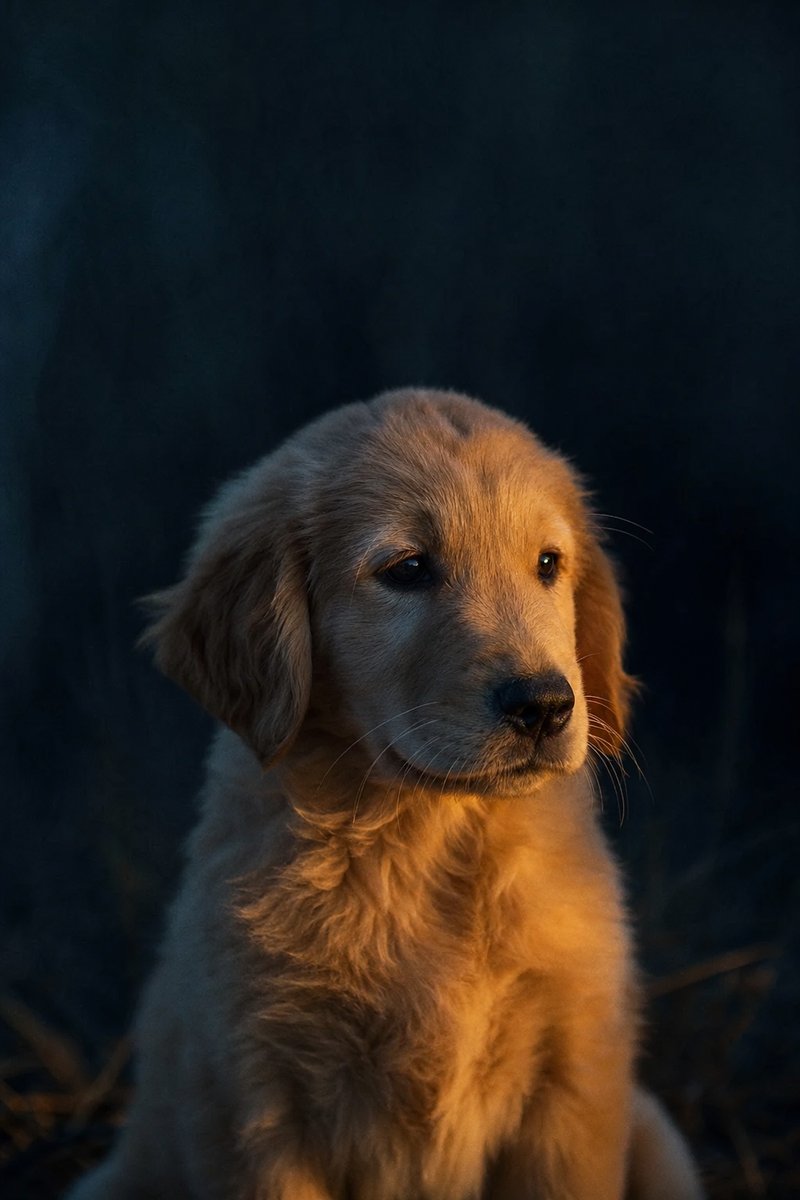 Golden retriever puppy portrait, dark background with warm rim light, field-dossier style
