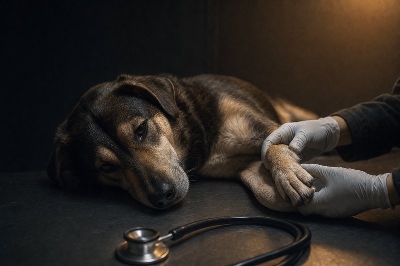 Dog lying calmly on a veterinary exam table during a check-up